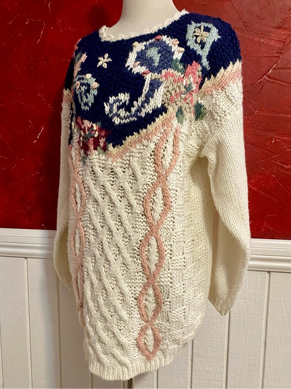 Vintage Sweater, Shenanigans 80s Hand Knit Cream Floral Sweater, S/M